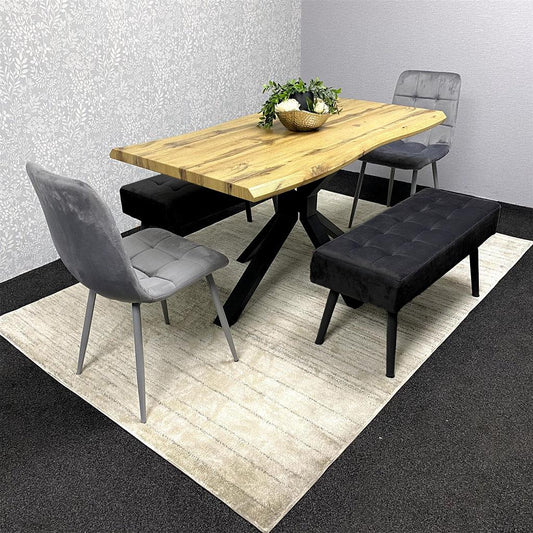 DOUBS Wooden Brown Dining Table with 2 Grey Velvet Chairs and Black Padded Benches, Dining Room Furniture