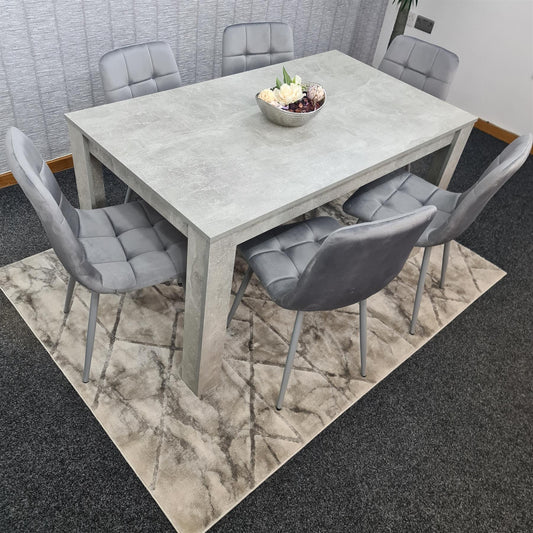 Doubs Grey Wooden Effect Dining Table Set with 6 Tufted Velvet Grey Chairs , Melamine Finish, Modern Curved Back Design