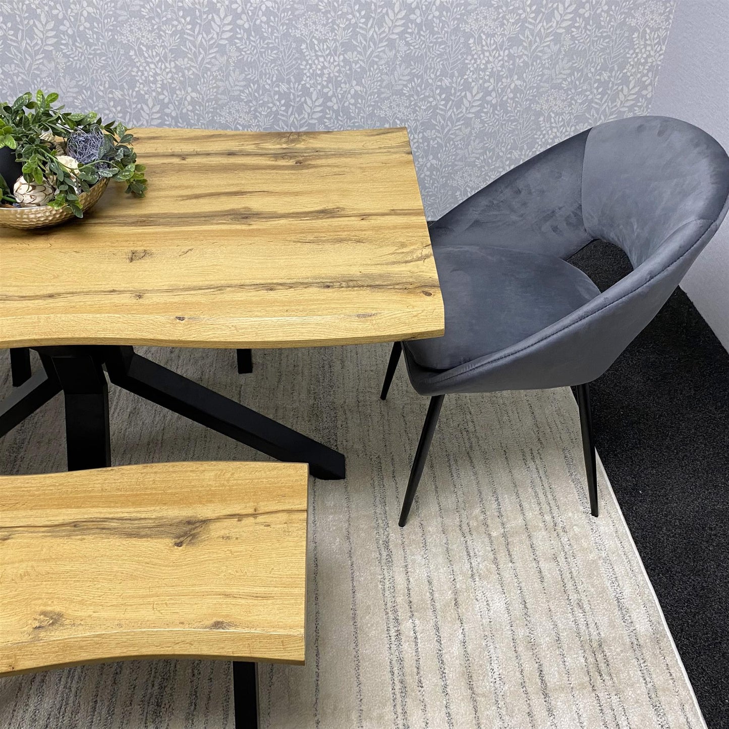 DOUBS Wooden Brown Dining Table with 2 Benches and Grey Velvet Chairs, Stylish Dining Room Furniture