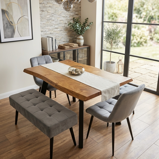 DOUBS Wood Dining Table with 2 Grey Velvet Chairs and 2 Benches 5-Piece Set