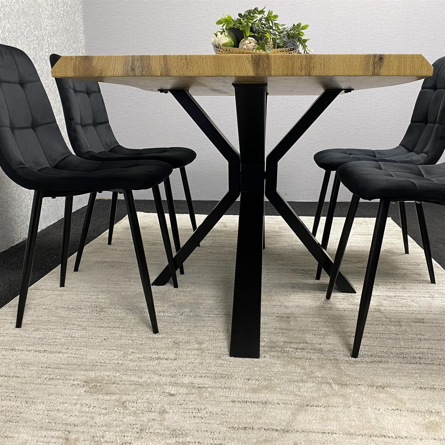 DOUBS Wooden Brown Dining Table with 4 Black Velvet Chairs, Stylish Dining Room Furniture